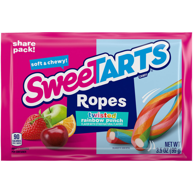 Grab a sweet treat and go with the SweetTARTS Twisted Rainbow Punch Ropes. These chewy licorice ropes provide a delicious blend of sweet and tart flavors, and they're individually packaged for convenient snacking.  Chewy licorice ropes provide a blend of sweet and tart flavors.  Contains wheat.  Cholesterol free.  Fat free.  Individually packaged for on-the-go-snacking.