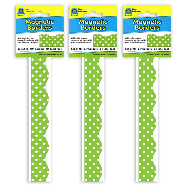 Decorate your classroom with Teacher Created Resources Magnetic Borders. These borders are magnetic so you can hang them on a whiteboard, desk, cabinet or other metal surface with ease.  Cuts easily with scissors.  Magnetic design for easy hanging on metal surfaces.  Acid-free to resist yellowing.  Each pack contains 12 strips for a total of 36 strips.