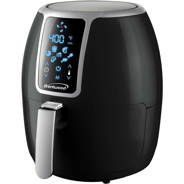 Keep the Brentwood 1,400-Watt Electric Digital Air Fryer in your kitchen. This digital air fryer fries quickly and evenly using little to no oil and has a nonstick surface. The temperature ranges from 170 deg.F to 400 deg.F.  Air fryer has 1,400 watts of power to fry quickly and evenly using little to no oil.  Easy-to-clean, nonstick surface.  Quick temperature guide with a range from 170 deg.F to 400 deg.F.  Convenient 30-minute timer with auto shutoff provides fast, crispy results.  Cool-touch, removable fry basket makes serving easy.  ETL/Intertek approved.  Includes an instruction manual.  Backed by the manufacturer's 1-year limited warranty.  Has a 4 qt (3.7 L) capacity.