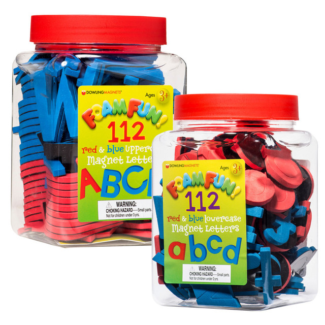 Foam Fun Magnet Letters Red & Blue Bundle is made for little fingers! Includes 1 set each of uppercase and lowercase letters, each set with a storage container.  Flexible foam is chunky and easy to handle.  Perfect for identification, phonics, and word building/spelling activities.  Red and Blue sets are color coded to help kids differentiate vowels from consonants.  Each letter measures 1in-2in tall.  Includes 112 magnetic letters and storage container.  In the red and blue Foam Fun letter sets, "y" and "w" are included in both red (vowel) and blue (consonant) colors since these letters also can be vowels (diphthongs: "ew," "ow," " ay," "oy," and more).  Includes 1 uppercase set and 1 lowercase set for a total of 224 letters, each individual set includes 112 Foam Fun Magnet Letters: 49 red: 9 each vowel, 2 "y" & 2 "w", 63 blue: 3 each consonant (including "y" & "w").