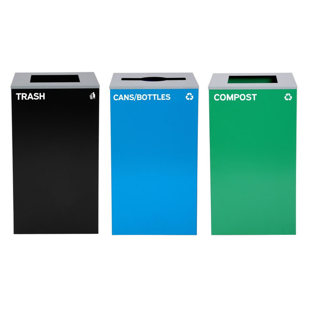 ADIR CORP. ALP4450-BLK-KIT20 Alpine Industries Stainless-Steel Open Top Cans/Bottles, Compost And Trash Can Set With Square And Mixed Lids, 29 Gallons, 30inH x 16-15/16inW x 16-15/16inD, Black/Blue/Green, Set Of 3 Trash Cans