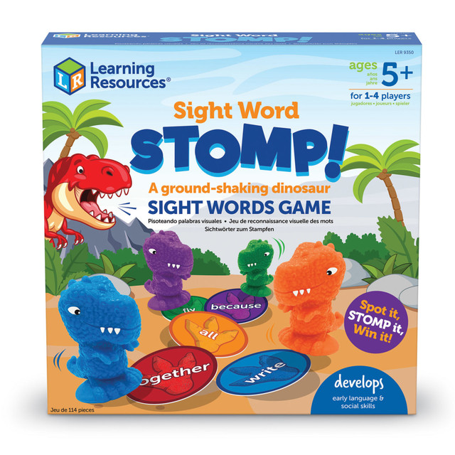 Players race to stomp their dinosaur on the correct sight word in this hands-on game that builds essential language skills. The game includes 4 suction cup dino stompers and 110 double-sided sight word cards, helping kids learn 220 Dolch sight words across five challenge levels. Designed for 1-4 players, this educational toy makes learning fun and interactive.  Kids spot the sight word, stomp their dino, and build elementary language skills as they race to collect the most cards  Kids will learn 220 Dolch sight words in five challenge levels-the basis for kindergarten reading  Supports solo play, head-to-head challenges, and group games  Designed for 5-year-olds, it builds school-ready language skills