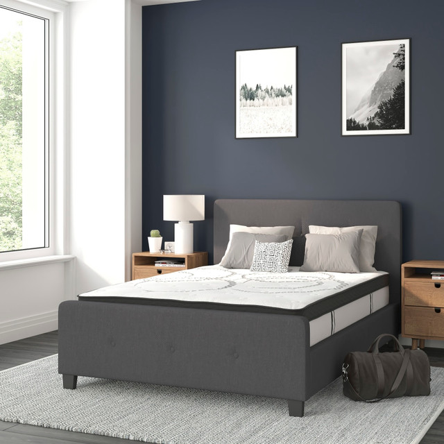 FLASH FURNITURE HGBM1030 Tribeca Tufted Upholstered Platform Bed with 10in CertiPUR-US Certified Foam and Pocket Spring Mattress, Full, 40inH x 56-1/4inW x 81inL, Dark Gray FLASH FURNITURE HGBM1030 Tribeca Tufted Upholstered Platform Bed with 10in CertiPUR-US Certified Foam and Pocket Spring Mattress, Full, 40inH x 56-1/4inW x 81inL, Dark Gray