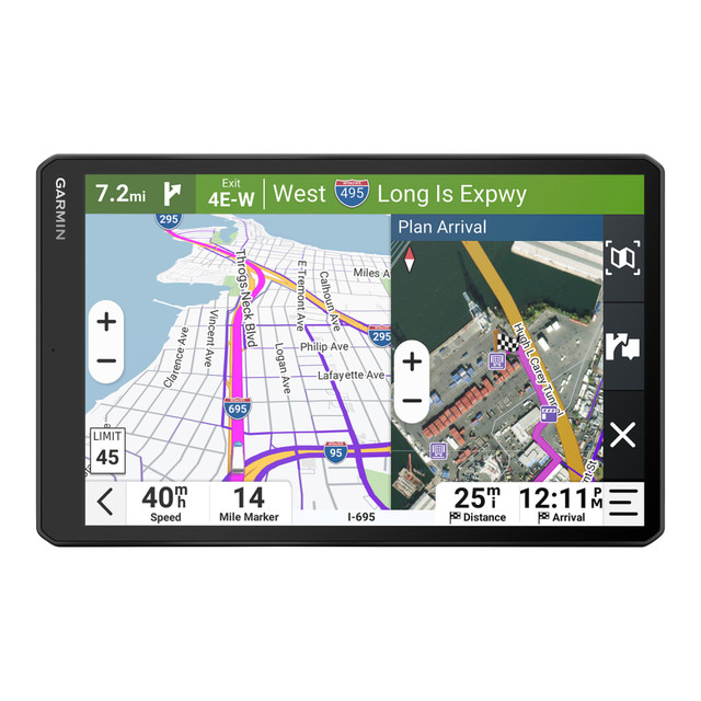 Make life on the road easier with this Garmin dezl OTR1020 GPS Truck Navigator With 10in Touchscreen Display. The easily viewable display provides animations and menu-map interactions to help drivers follow their route. The GPS provides popular routes from other drivers when navigating a new area. Utilize voice control for hands-free use while driving.  Extra large 10in touchscreen with a 1280 x 800 resolution display.  Delivers quick route calculation, animations and menu-map interactions.  Provides custom routing based on the size and weight of the truck (not available in all areas).  Alerts for upcoming bridge heights, sharp curves and more.  BirdsEye Direct Satellite Imagery provides overhead views for arrival.  Pair with the dezl app to find top-rated parking spots and rate your experience.  Find nearby CAT Scale locations in the U.S. and Canada.  Map shows potentially hazardous conditions and alerts when high winds are detected.  Access live weather, traffic, live fuel prices and phone notifications on the dezl app.  Save time with built-in PrePass notifications (requires an active PrePass account).  Works with the Garmin eLog-compliant ELD (sold separately) for service recording.  Truck and Trailer Services directory helps you plan breaks.  Enjoy your time off with preloaded Foursquare points of interest.  See popular routes used by fellow truckers highlighted on your map.  Speak commands for hands-free use. Supports English, German, Italian, Spanish, Danish, Swedish and Dutch.  Compatible with multiple mounting options for versatility.  Can be paired with a dezl trucking headset (sold separately) for navigation prompts.  Add a BC 50 wireless backup camera (sold separately).  Includes a vehicle suction cup mount, a vehicle power cable, a CLA adapter and documentation.  Backed by the manufacturers 1-year limited warranty.