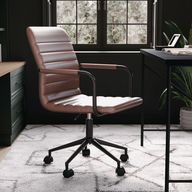 FLASH FURNITURE CH142370BRBK Martha Stewart Taytum Faux Leather Upholstered Mid-Back Executive Office Chair, Saddle Brown/Oil-Rubbed Bronze FLASH FURNITURE CH142370BRBK Martha Stewart Taytum Faux Leather Upholstered Mid-Back Executive Office Chair, Saddle Brown/Oil-Rubbed Bronze