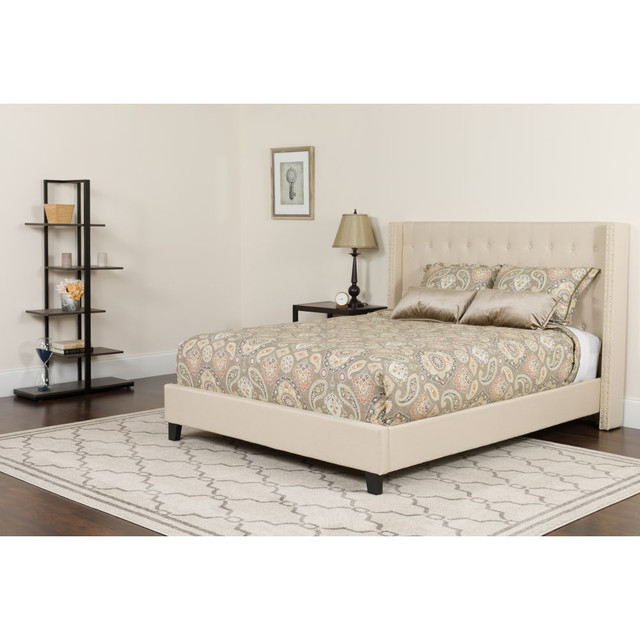 FLASH FURNITURE HGBMF34  Riverdale Tufted Upholstered Platform Bed With Accent Nail Trimmed Extended Sides And Memory Foam Pocket Spring Mattress, Full, Beige