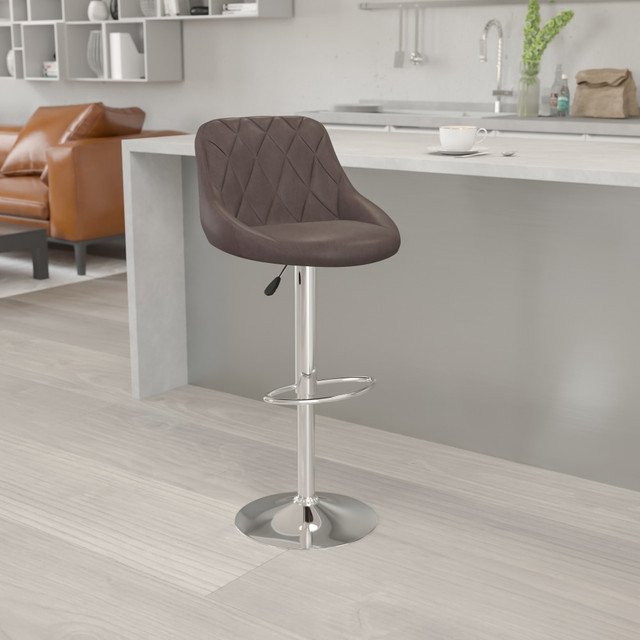 FLASH FURNITURE CH82028ABRN  Contemporary Vinyl Bucket Seat Adjustable Height Barstool with Diamond Pattern Back and Chrome Base, Brown