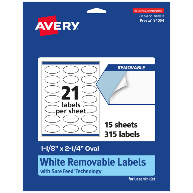 AVERY PRODUCTS CORPORATION 94054-RMP15 Avery Removable Labels With Sure Feed, 94054-RMP15, Oval, 1-1/8in x 2-1/4in, White, Pack Of 315 Labels AVERY PRODUCTS CORPORATION 94054-RMP15 Avery Removable Labels With Sure Feed, 94054-RMP15, Oval, 1-1/8in x 2-1/4in, White, Pack Of 315 Labels