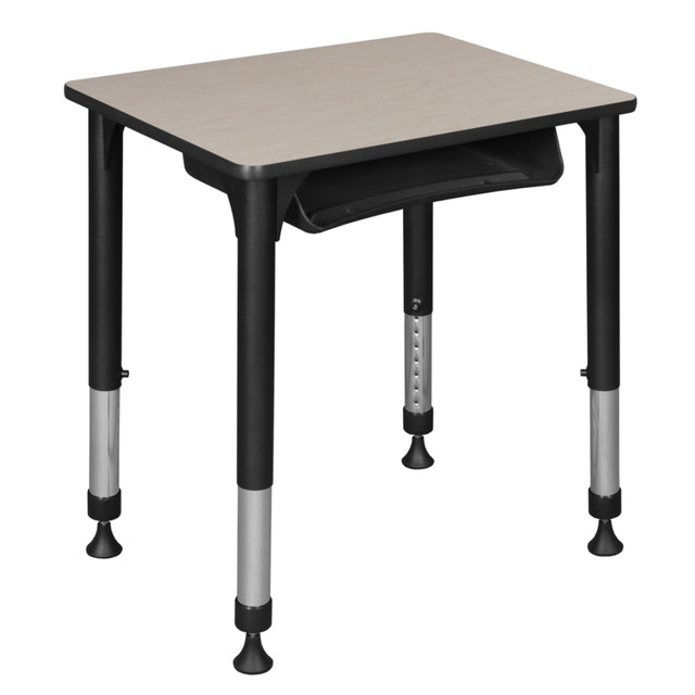 Keep students organized throughout the year with a Regency 26inW Rectangular Adjustable Height School Student Desk With Book Storage. An undermount Book Box holds folders, textbooks and other supplies for quick access. This durable desk is constructed with a durable laminate top thats scratch-, stain- and scald-resistant for lasting strength.  Desktop is constructed of a thermal fused melamine laminate that is 3/4in thick and finished with a T-Mold edge band.  Laminate is scratch-, stain- and scald-resistant for lasting durability.  Adjusts from 23in to 34in in height to accommodate students of all ages.  Height is easy to adjust by loosening and tightening a bolt with the included hex key.  Integrated Book Box mounts to the underside of the work surface to store textbooks and supplies.  Rounded corners promote safety.  Adjustable glides on the base provide stability.  Assembly required.  Backed by the manufacturers 10-year limited warranty.