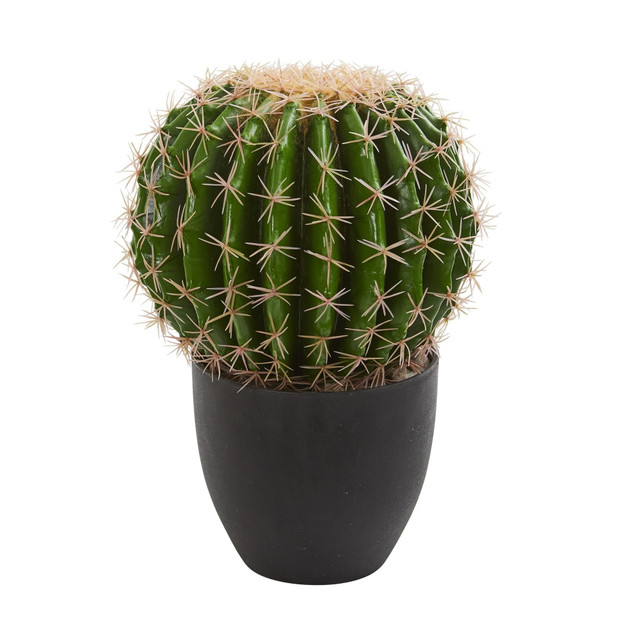 NEARLY NATURAL INC. 6327 Nearly Natural 14in Artificial Cactus Plant With Planter, Green/Black