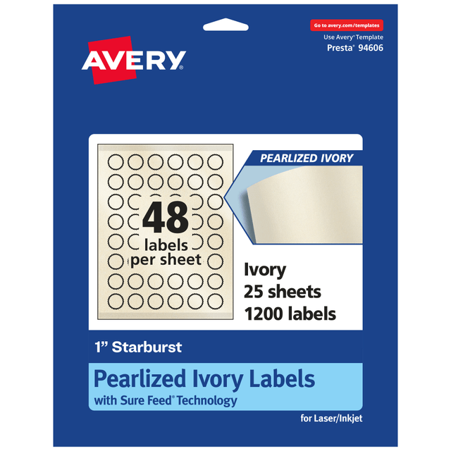 AVERY PRODUCTS CORPORATION 94606-PIP25 Avery Pearlized Permanent Labels With Sure Feed, 94606-PIP25, Starburst, 1in, Ivory, Pack Of 1,200 Labels AVERY PRODUCTS CORPORATION 94606-PIP25 Avery Pearlized Permanent Labels With Sure Feed, 94606-PIP25, Starburst, 1in, Ivory, Pack Of 1,200 Labels