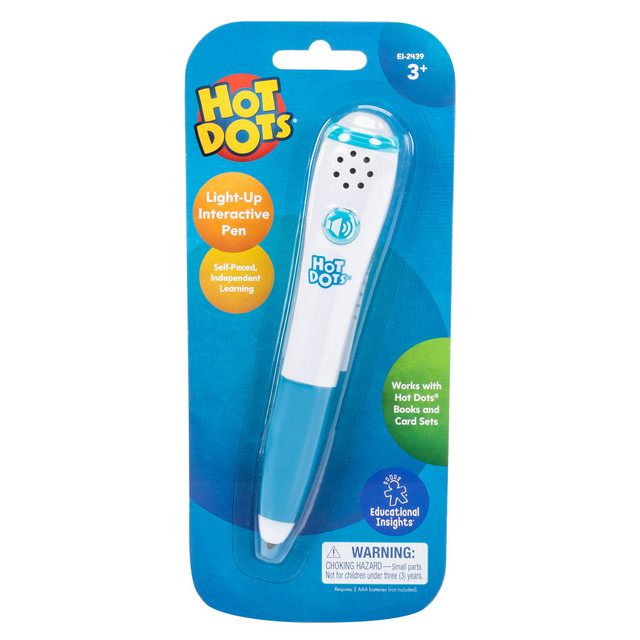 The Hot Dots Light-Up Interactive Pen makes learning fun and independent for kids! Simply press the pen to any answer dot on Hot Dots or Hot Dots Jr. activities for instant audio and visual feedback. This tool helps kids practice critical skills at their own pace, whether at home, in the classroom, or on the go.  Provides interactive learning with audio and visual feedback for correct and incorrect answers  Lights up green for correct responses and red for incorrect answers  Mute button for sound control  Encourages independent learning, building academic confidence at the childs own pace  Soft grip and child-sized design for easy handling and comfort  Compatible with a wide range of Hot Dots and Hot Dots Jr. learning activities  Requires 2 AAA batteries (not included)  Ideal for at-home learning or on-the-go education
