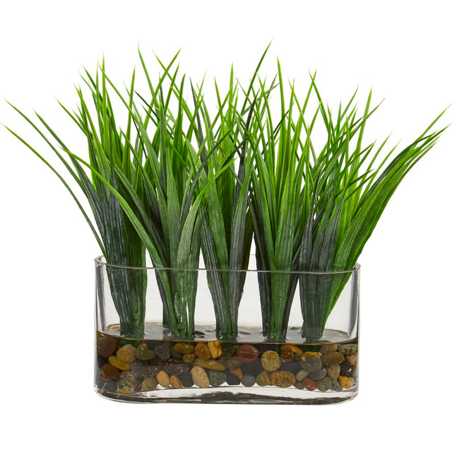 NEARLY NATURAL INC. 8076 Nearly Natural 9inH Vanilla Grass Artificial Plant With Oval Vase, 9inH x 7inW x 3inD, Clear/Green