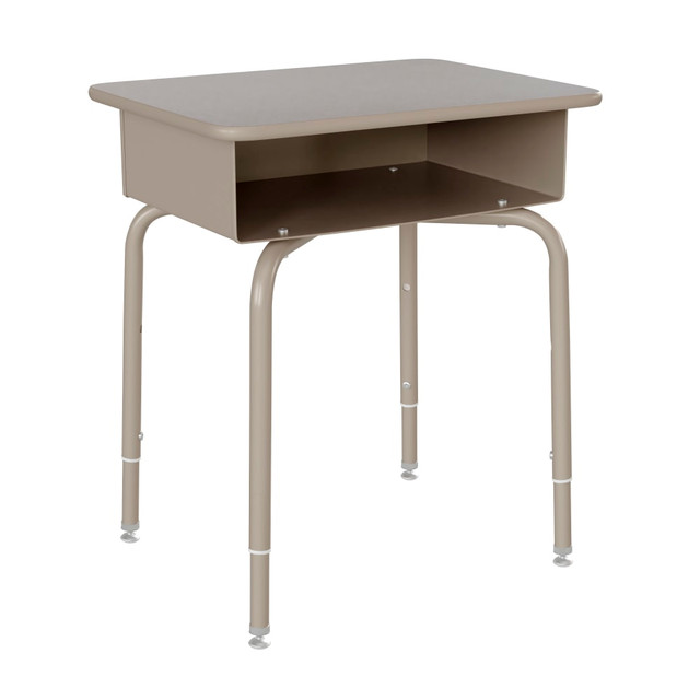 This handy desk is a wonderful choice for high-volume classrooms with busy students. The open front offers easy access to their supplies.  5/8in-thick high-pressure laminate top has a lacquer edge treatment for added durability.  Steel frame features crisscross tubes for stability.  Open book box gives students plenty of space for notebooks, folders, pencil boxes and other school supplies.  Can be adjusted in height from 22-1/4in to 31-1/4in to suit students of different heights.  Adjustable nylon glides on each leg allow you to account for uneven flooring.  Meets and/or exceeds ANSI/BIFMA performance standards.  Assembly required.