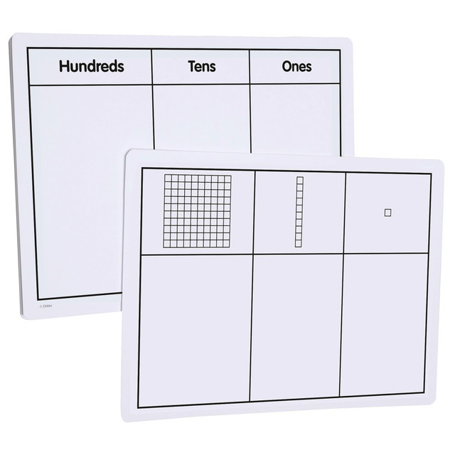 The Didax Write-On/Wipe-Off Base Ten Block Cards are great for young math students. These cards have base ten blocks on one side and a grid with labels hundreds, tens and ones on the back.  Write-on/wipe-off surface makes the cards reusable.  Cards have base ten blocks (hundreds, tens, ones) pictured on one side.  On the reverse is a grid with labels "hundreds," "tens" and "ones".  Each side has space for students to write in numbers.