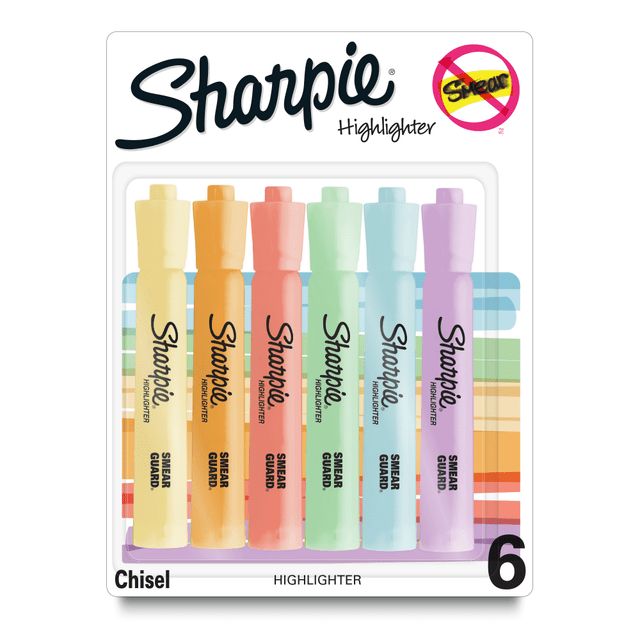 Perfect for when info is high priority and precision is a must, Sharpie Highlighters make everything highly visible with brilliant colors in transparent, smooth, and quick-drying ink. These wide-barreled tank highlighters feature a large ink supply for dependable and long-lasting use and an easy gliding chisel tip that highlights and underlines both wide and narrow lines of text. The quick-drying ink resists smearing many pen or marker inks. And with an array of brilliant colors, Sharpie highlighters make your most important thoughts and notes jump off the page. It's no wonder why Sharpie is the got-to-have highlighter for life's major high points.  Sharpie Tank Highlighters with wide barrel and large ink supply that delivers dependable highlighting  Bright ink stands out on the page  Versatile chisel tip great for highlighting, underlining, and writing notes  Resists smearing (let ink dry before highlighting)  Includes 6 pastel highlighters: yellow, orange, red, purple, blue and green.  Conforms to ASTM D4236 standards. For detailed information see www.astm.org.  ACMI Certified AP Nontoxic. For detailed information see www.acmiart.org.  Less harsh chemicals - made with fewer harsh chemicals, or safer chemicals than typical alternatives, helping  reduce your use of and exposure to substances that may be more harmful to your health and the environment.