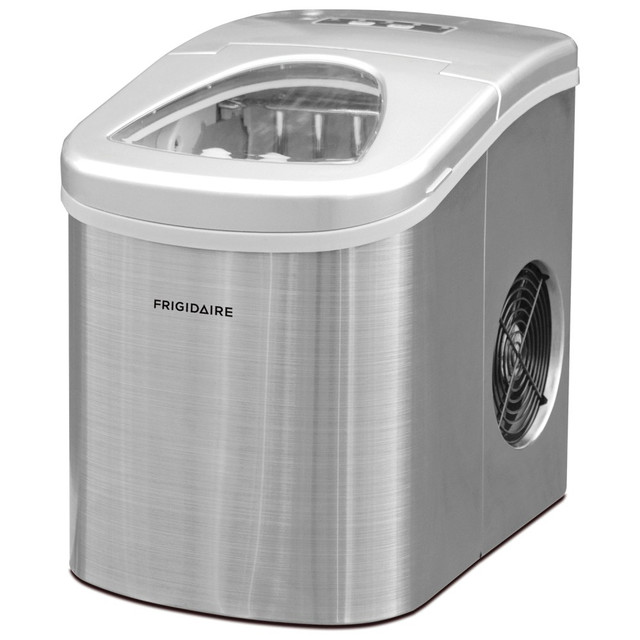 Get ready for your next gathering with help from the Frigidaire 26-Lb Stainless-Steel Countertop Ice Maker. This ice maker can makes up to 26 lb of ice in a day and comes with a scoop to fill up tumblers, blenders and cocktail shakers.  Makes ice in only 7 minutes and can make up to 26 lb of ice in only 24 hours.  Ice basket can hold up to 2.5 lb.  Offers 2 sizes of ice.  Stainless-steel construction for durability.  LED indicator for simple reference.  Operates at less than 38 dB for quiet use.  Comes with an ice scoop.  UL listed.  Backed by the manufacturers 1-year limited warranty.  Silver for a sleek look.