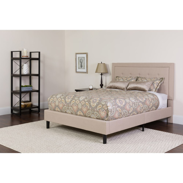 FLASH FURNITURE SLBM19 Roxbury Panel Tufted Upholstered Platform Bed and Pocket Spring Mattress, Queen, 50-3/4inH x 65-3/4inW x 85-3/4inL, Beige FLASH FURNITURE SLBM19 Roxbury Panel Tufted Upholstered Platform Bed and Pocket Spring Mattress, Queen, 50-3/4inH x 65-3/4inW x 85-3/4inL, Beige