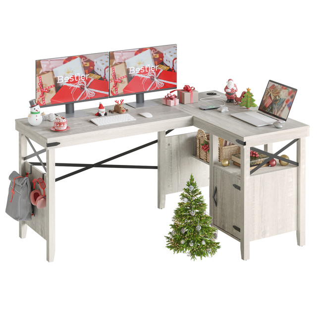 BESTIER H1005153-WHTW  60inW L-Shaped Corner Computer Desk With Storage Cabinet & Accessory Hooks, White Wash