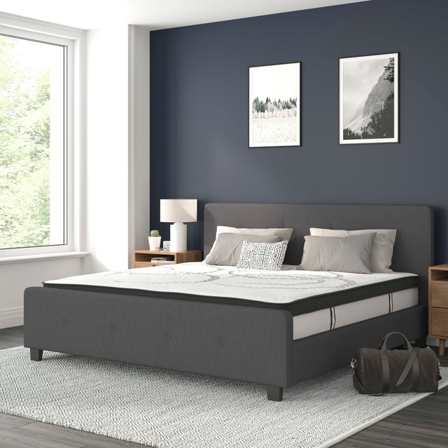FLASH FURNITURE HGBM1032 Tribeca Tufted Upholstered Platform Bed with 10in CertiPUR-US Certified Foam and Pocket Spring Mattress, King, 40inH x 78-1/4inW x 85-1/4inL, Dark Gray FLASH FURNITURE HGBM1032 Tribeca Tufted Upholstered Platform Bed with 10in CertiPUR-US Certified Foam and Pocket Spring Mattress, King, 40inH x 78-1/4inW x 85-1/4inL, Dark Gray