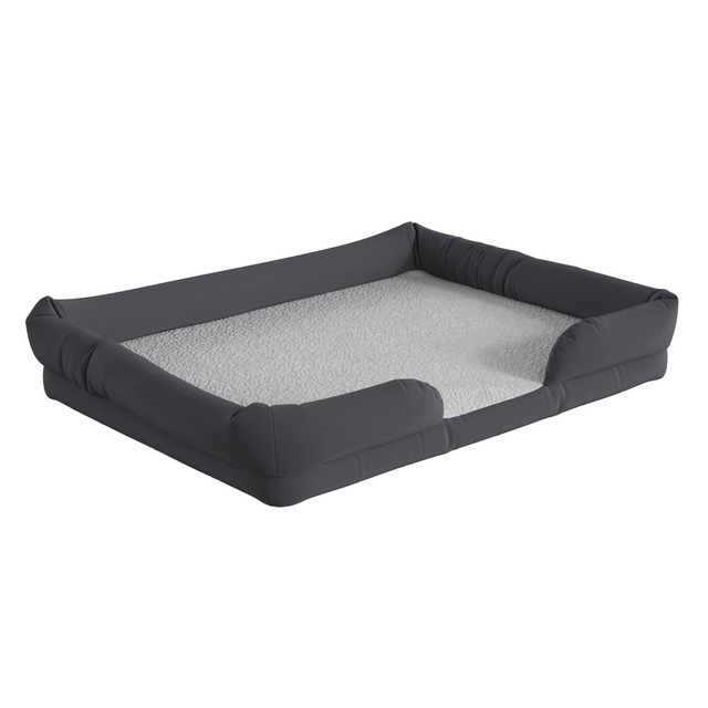 Keep your pet comfortable with this Flash Furniture Orthopedic Memory Foam Dog Bed. It features a memory foam upper layer and an Olefin Interior Sleep Surface for cushioned softness.  Comfortable polyester bolster style sides and back.  Olefin Interior Sleep Surface promotes relaxation.  Memory foam upper layer provides cushioned softness.  Foam bottom layer prevents contact with the flooring.  Non-slip bottom keeps the bed in place.  Machine washable in cold water. Tumble dry on low heat.  Backed by the manufacturers 1-year limited warranty.