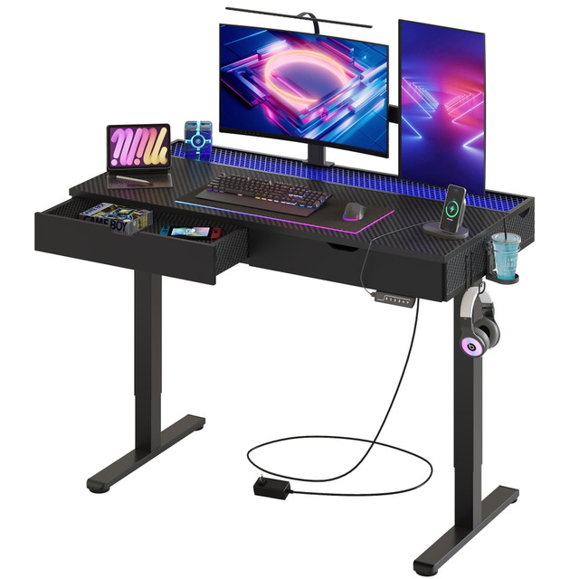 COMFY ZONE US LLC H1025120AUS-BDCF Bestier 48inW Electric Adjustable-Height Standing Desk With Drawers And RGB Lights, Carbon Fiber Black