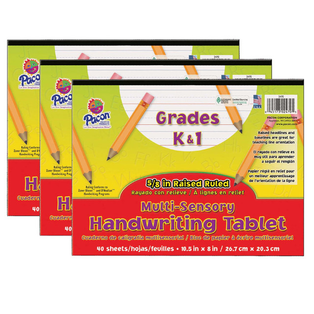 EDUCATORS RESOURCE PAC2470-3 Pacon Multi-Sensory Raised Ruled Tablets, 8in x 10-1/2in, 5/8in x 5/16in x 5/16in Ruled Long, Multicolor, 40 Sheets Per Tablet, Pack Of 3 Tablets EDUCATORS RESOURCE PAC2470-3 Pacon Multi-Sensory Raised Ruled Tablets, 8in x 10-1/2in, 5/8in x 5/16in x 5/16in Ruled Long, Multicolor, 40 Sheets Per Tablet, Pack Of 3 Tablets