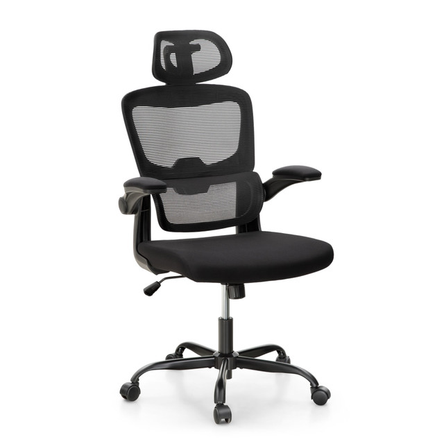 Stay comfortable and focused on your everyday tasks while seated in the ALPHA HOME Ergonomic Mesh High-Back Task Chair. This dynamic chair boasts breathable mesh and integrated lumbar support for long periods of sitting. Adjust the height of your seat to view your monitor easily.  Ergonomic office chair provides comfort throughout the day.  Recommended for performance use 6-8 hours per day.  Weight capacity tested to support 250 lb.  Overall Dimensions: 48-7/8inH x 25-7/16inW x 20-11/16inD.  High back.  Boasts an adjustable headrest.  Fabric upholstery.  Breathable mesh back support.  Integrated lumbar support.  Adjustable office chair with seat height controls.  Flip-up padded armrests.  Assembly required.
