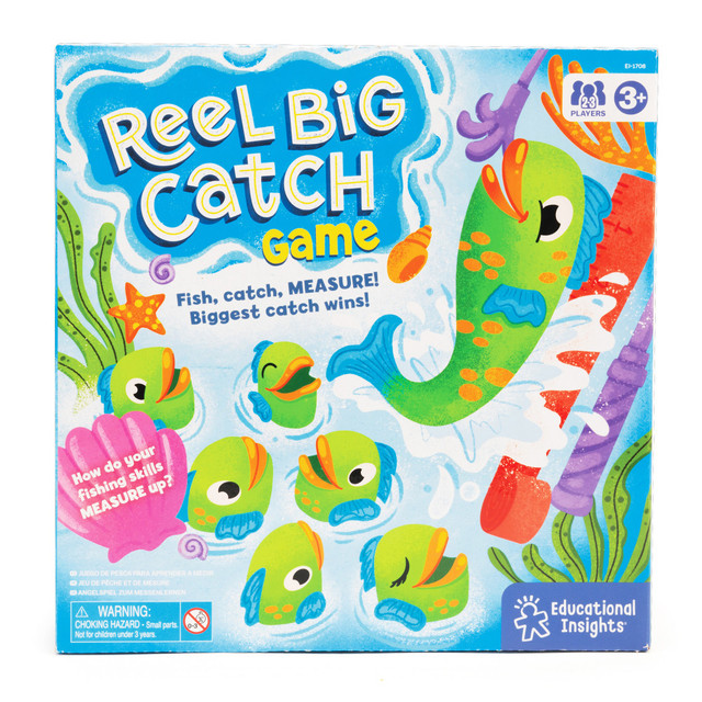 Dive into fun with this fast-action fishing game that's perfect for preschoolers and families! Players use the fishing pole to "catch" surprise telescoping fish, then measure their catches to see who wins. With a focus on teamwork, measurement, and friendly competition, this game makes learning and playtime a reel treat!  Includes fishing pole, 12 telescoping fish, four measuring cards, and a game guide  Fish extend to various lengths when caught, adding surprise and excitement  Teaches early measurement concepts like small, medium, and large  Encourages teamwork, turn-taking, and family togetherness  Easy-to-learn gameplay is ideal for preschoolers and family game nights  Helps develop fine motor skills and introduces basic math concepts