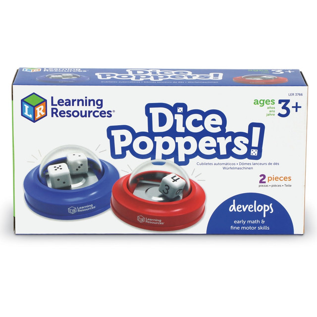 The fun way to roll dice! From board games and activity sets to math workbook lessons, you will never stop popping with Dice Poppers from Learning Resources.  Built with little hands in mind, these durable plastic poppers keep dice contained and help little ones roll without frustration - the days of dice rolling off the table, under the couch, and into the unknown are over.  Each set of Dice Poppers comes with two distinct poppers, the red popper features a single die numbered 1-6, while the blue popper comes with a pair of six-sided dot dice.  With these versatile Dice Poppers, you can add early math fun to all kinds of activities.  Turn board games into educational opportunities, add a little chance to early math workbook lessons, or design your own games that build upon addition, subtraction, and more!