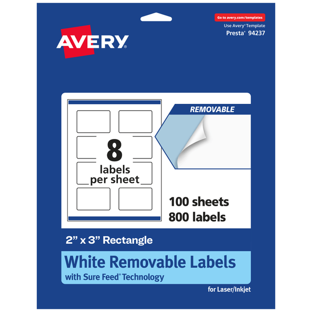 AVERY PRODUCTS CORPORATION 94237-RMP100 Avery Removable Labels With Sure Feed, 94237-RMP100, Rectangle, 2in x 3in, White, Pack Of 800 Labels AVERY PRODUCTS CORPORATION 94237-RMP100 Avery Removable Labels With Sure Feed, 94237-RMP100, Rectangle, 2in x 3in, White, Pack Of 800 Labels