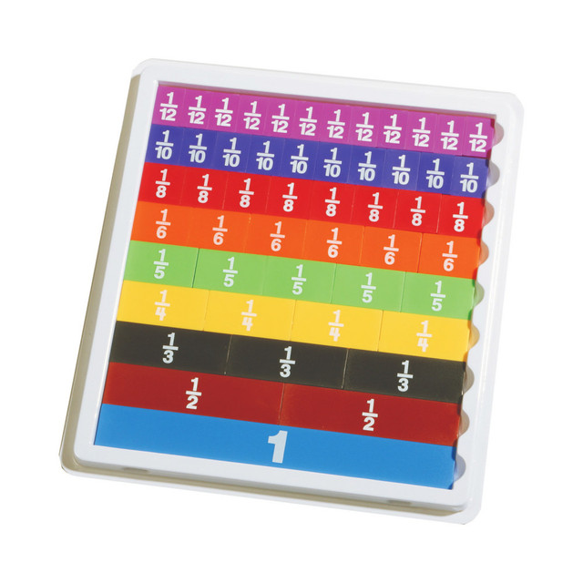Build confidence when working with fractions with this Learning Advantage Fraction Tiles With Work Tray Set. This versatile color coded fraction tiles set includes a tray for easy clean up.  Color-coded, proportional plastic pieces represent a whole, halves, thirds, fourths, fifths, sixths, eighths, tenths and twelfths.  Hands-on fraction model visually reinforces fraction understanding and builds confidence when working with fractions and mixed numbers.  Includes an organizational tray.