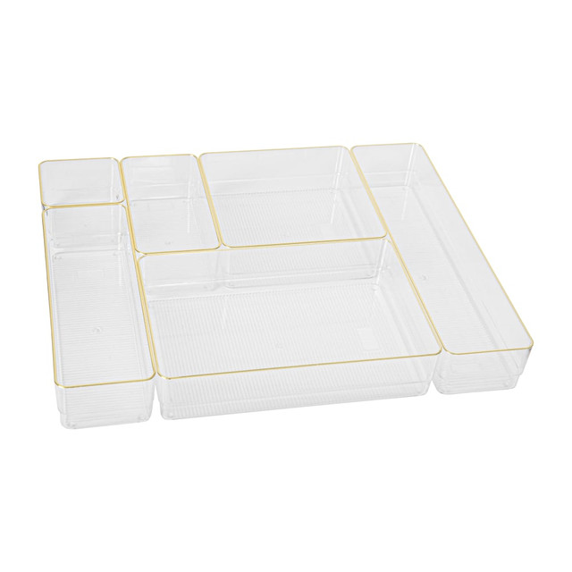 FLASH FURNITURE BEPB3685G6CGD Martha Stewart Kerry Plastic Stackable Office Desk Drawer 6-Piece Organizer Set, Clear/Gold Trim
