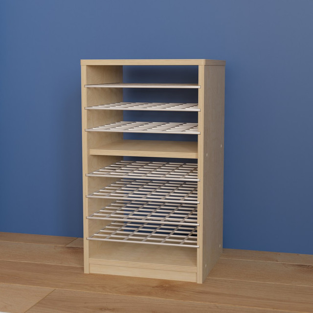 The Flash Furniture Bright Beginnings Commercial Birch Deluxe Multipurpose Storage Shelf can hold puzzles, games, artwork, papers and more. This shelving unit is made of commercial-grade birch wood for durability and has 8 shelves for lots of storage. It has a reachable height ideal for toddlers through early elementary students.  Made of commercial-grade birch wood for durability.  Reachable height is ideal for toddlers through early elementary students.  Rounded edges prevent abrasions from accidental contact.  Boasts 8 shelves for lots of storage  Wipe clean with a damp cloth.  Weight capacity tested to support 100 lb.  Assembly required.  Backed by the manufacturer's 15-year limited warranty.