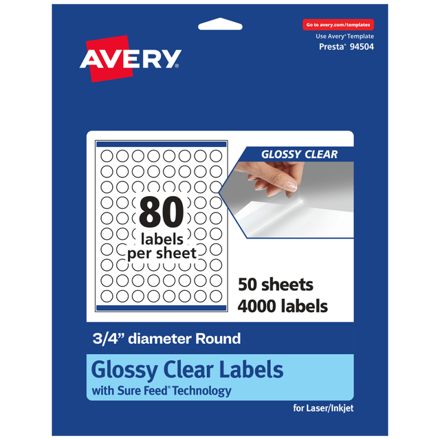 AVERY PRODUCTS CORPORATION 94504-CGF50 Avery Glossy Permanent Labels With Sure Feed, 94504-CGF50, Round, 3/4in Diameter, Clear, Pack Of 4,000 AVERY PRODUCTS CORPORATION 94504-CGF50 Avery Glossy Permanent Labels With Sure Feed, 94504-CGF50, Round, 3/4in Diameter, Clear, Pack Of 4,000
