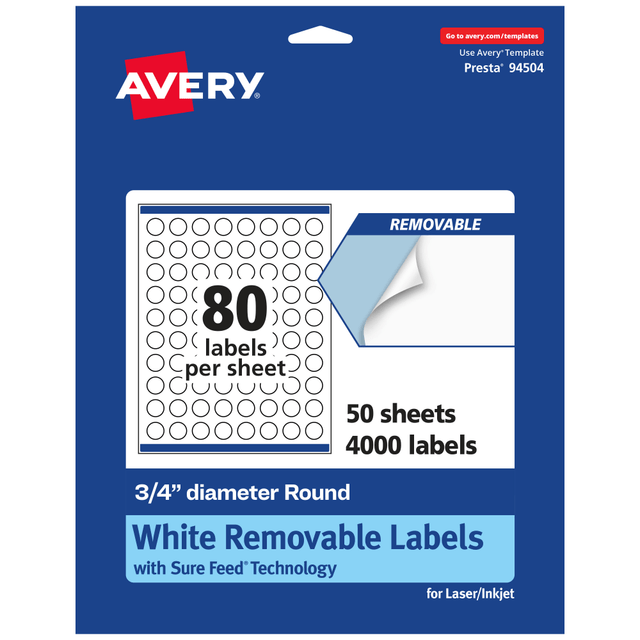 AVERY PRODUCTS CORPORATION 94504-RMP50 Avery Removable Labels With Sure Feed, 94504-RMP50, Round, 3/4in Diameter, White, Pack Of 4,000 Labels AVERY PRODUCTS CORPORATION 94504-RMP50 Avery Removable Labels With Sure Feed, 94504-RMP50, Round, 3/4in Diameter, White, Pack Of 4,000 Labels