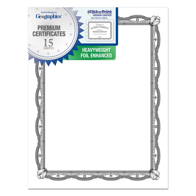 ROYAL CONSUMER PRODUCTS, LLC 48762 Geographics Heavyweight Foil Certificates, 8-1/2in x 11in, Silver, Pack Of 15
