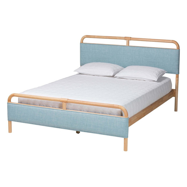 WHOLESALE INTERIORS, INC. 2721-13448 Baxton Studio Mateo Fabric And Natural Wood Queen Size Platform Bed, Baby Blue