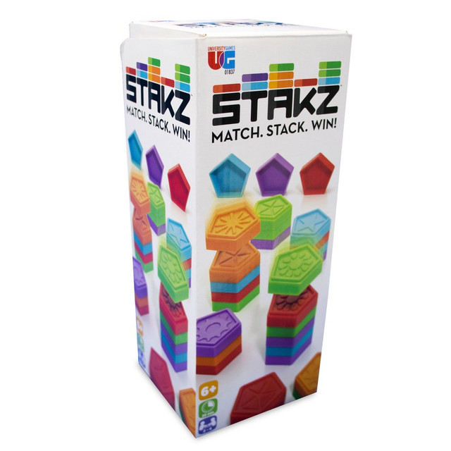 Match, stack and win in the University Games Stakz Tile Laying Game. Players take turns stacking tiles by matching colors or symbols, and the first player to stack all their symbols wins the game.  Take turns stacking tiles by matching colors or symbols.  First player to stack all their tiles wins.  For 2 to 4 players ages 6 and up.