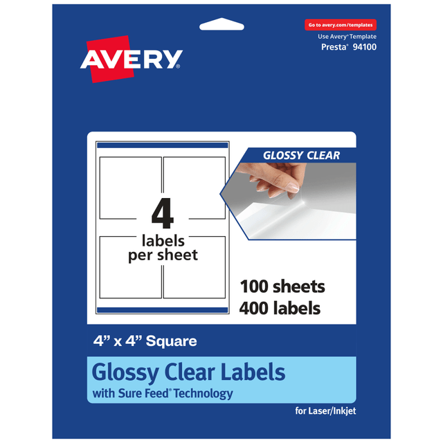 AVERY PRODUCTS CORPORATION 94100-CGF100 Avery Glossy Permanent Labels With Sure Feed, 94100-CGF100, Square, 4in x 4in, Clear, Pack Of 400 AVERY PRODUCTS CORPORATION 94100-CGF100 Avery Glossy Permanent Labels With Sure Feed, 94100-CGF100, Square, 4in x 4in, Clear, Pack Of 400