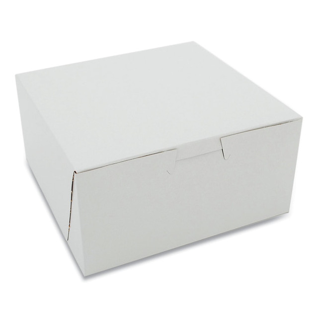 Pack cupcakes, cookies, pies and other treats in these SCT 1-Piece Non-Window Bakery Boxes. Each sturdy box is made from moisture-resistant paperboard with lock-corner closures and a tuck top to secure contents.  Made from moisture-resistant clay-coated paperboard.  Lock-corner design for stability.  Tuck-top lid offers a secure closure.  Reversible design.  Clay-coated exterior accepts a printed logo or business name.  Boxes ship flat for transport and storage. Easily assembled.