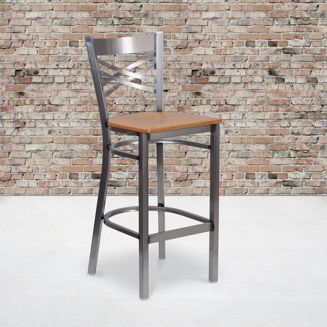 FLASH FURNITURE XU6F8BCLBARNATW  Metal/Wood Restaurant Barstool With X Back, Natural/Clear Coated