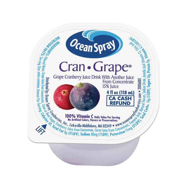 Enjoy a refreshing pick me up with Ocean Spray Cranberry Grape Juice. Each single-serve cup is packed with Vitamin C and antioxidants for a healthy and delicious beverage.  Made with 100% North American cranberries and sweet grapes.  Packed with Vitamin C and antioxidants.  Single-serve hassia cups are quick and easy to chill.  No added sugar, no artificial flavors and no preservatives.
