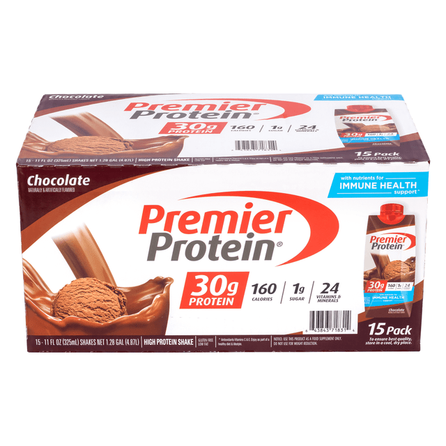 Get nutrition on-the-go with the Premier Protein Chocolate Ready to Drink Shakes. These protein shakes have 30 grams of protein, only 1 gram of sugar and 24 vitamins and minerals each and a smooth, creamy texture.  Protein shakes provide convenient nutrition and healthy immune support.  Each shake boasts 30 grams of protein, only 1 gram of sugar and 24 vitamins and minerals.  Smooth, creamy texture.  Delicious chocolate flavor.  Shakes are easy to take on-the-go.