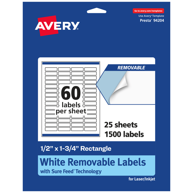 AVERY PRODUCTS CORPORATION 94204-RMP25 Avery Removable Labels With Sure Feed, 94204-RMP25, Rectangle, 1/2in x 1-3/4in, White, Pack Of 1,500 Labels AVERY PRODUCTS CORPORATION 94204-RMP25 Avery Removable Labels With Sure Feed, 94204-RMP25, Rectangle, 1/2in x 1-3/4in, White, Pack Of 1,500 Labels
