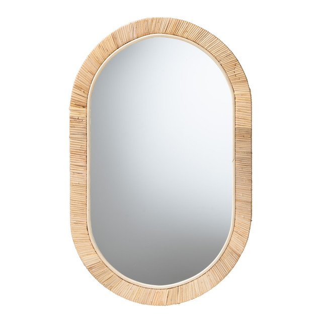 WHOLESALE INTERIORS, INC. 2721-13097 bali & pari Bella Modern Bohemian Mahogany Wood And Natural Rattan Oval Mirror, 33-1/8inH x 21-5/16inW x 1inD, Natural Brown