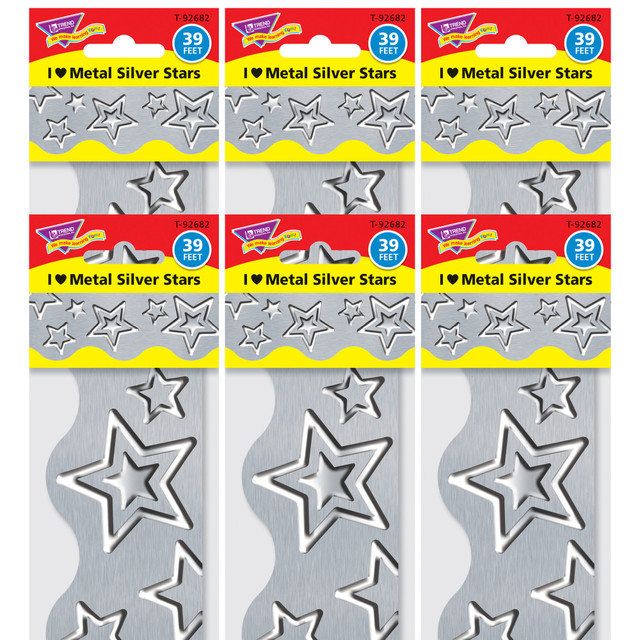 EDUCATORS RESOURCE T-92682-6 Trend Terrific Trimmers Packs, 39' x 2-1/4in, Silver Stars, Set Of 6 Packs EDUCATORS RESOURCE T-92682-6 Trend Terrific Trimmers Packs, 39' x 2-1/4in, Silver Stars, Set Of 6 Packs