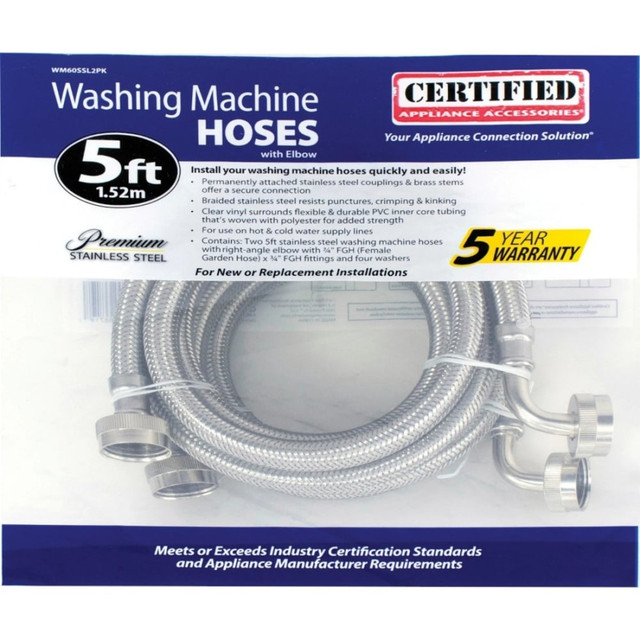 SELA PRODUCTS, LLC WM60SSL2PK Certified Appliance Accessories 2 PK Braided Stainless Steel Washing Machine Hoses with Elbow - 60in - Silver, Stainless Steel - Stainless Steel, Vinyl, Polyvinyl Chloride (PVC), Polyester - 2 SELA PRODUCTS, LLC WM60SSL2PK Certified Appliance Accessories 2 PK Braided Stainless Steel Washing Machine Hoses with Elbow - 60in - Silver, Stainless Steel - Stainless Steel, Vinyl, Polyvinyl Chloride (PVC), Polyester - 2
