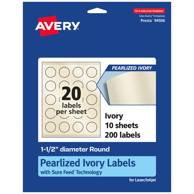 AVERY PRODUCTS CORPORATION 94506-PIP10 Avery Pearlized Permanent Labels With Sure Feed, 94506-PIP10, Round, 1-1/2in Diameter, Ivory, Pack Of 200 Labels AVERY PRODUCTS CORPORATION 94506-PIP10 Avery Pearlized Permanent Labels With Sure Feed, 94506-PIP10, Round, 1-1/2in Diameter, Ivory, Pack Of 200 Labels