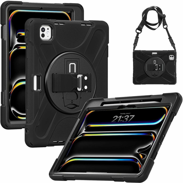 INCLUDES ADJUSTABLE, DETACHABLE SHOULDER STRAP THAT CAN BE SECURED AT ALL FOUR CASE CORNERS  COMPATIBLE WITH TEMPERED GLASS SCREEN PROTECTORS  INTEGRATED KICK-STAND FOR PORTRAIT OR LANDSCAPE VIEWING MODES  360 deg. ROTATING, ADJUSTABLE NEOPRENE HAND STRAP  THICK SILICONE BUMPERS AT EACH CORNER FOR ENHANCED SCREEN PROTECTION  EASY ACCESS TO PORTS, BUTTONS, CAMERAS AND SPEAKERS  3-PART DESIGN GIVES YOUR TABLET 360 deg. PROTECTION